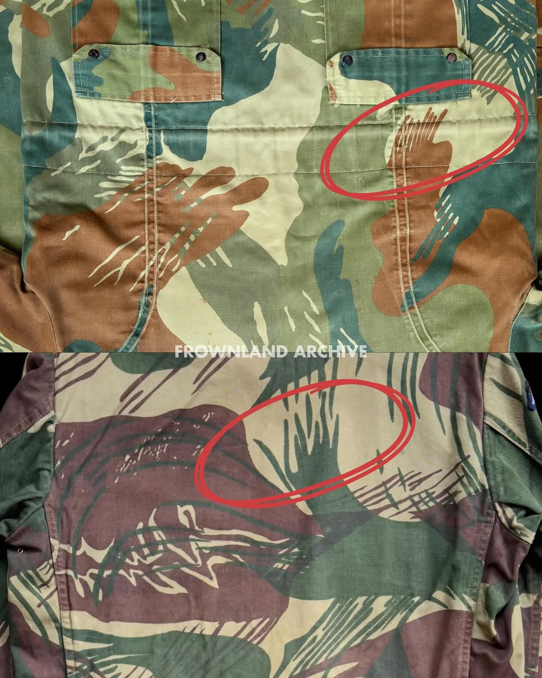 Loreng “Rhodesia” Brushstroke milik KODAM Jaya atau Brigade Infanteri 1/Jaya Sakti dari era 1970-an. Sepengetahuan saya, loreng ini hanya dibagikan kepada personel Satuan Tempur dan Bantuan Tempur KODAM Jayakarta. Di tahun 2012, pola ini kembali di-issue ulang untuk digunakan lagi.  Pattern ini sering disamakan/dimiripkan dengan Rhodesian Brushstroke, meskipun saya pribadi belum mengetahui pasti asal-usulnya. Saya sertakan juga perbandingannya di postingan ini. Relic ini special dikarenakan dalam bentuk cuttingan jaket yang identik dengan koleksi era 70an saya lainnya. —— The “Rhodesia” Brushstroke camouflage of KODAM Jaya or the 1st Infantry Brigade/Jaya Sakti from the 1970s. AFAIK this pattern was only issued to combat and combat support personnel of KODAM Jayakarta. In 2012, the pattern was reissued again.  It is often compared to the Rhodesian Brushstroke, although I personally am not certain of its exact origins. I’ve also included a comparison in this post. This relic is very special as it comes in a 4-pocket jacket cut identical to my other 1970s-era collection pieces. Usually its two piece uniform.