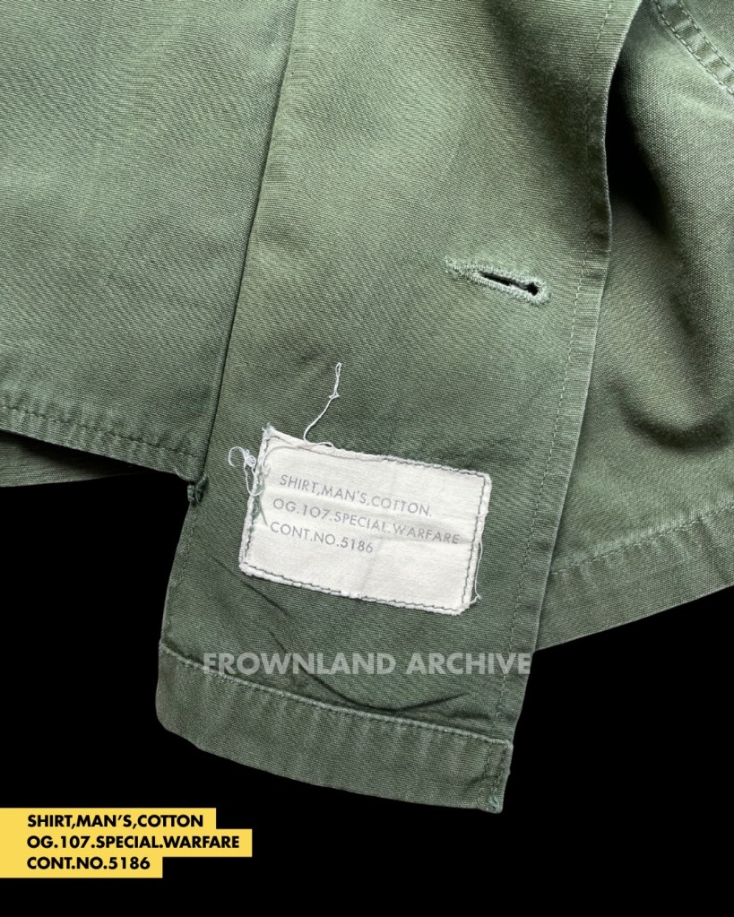 special warfare shirt belonged to Lt. Col. Juan W. Spann, 2 tours in Vietnam with 101st Airborne Divison. Slide no 3 is him when in Operation Somerset Plain (August 1968). In the early 1960s, Natick Laboratories began developing prototype jungle clothing uniforms for the Special Forces in Southeast Asia. One such example is the two-piece “Special Warfare” uniform. Made from 6oz nylon/cotton poplin, it was used until 1965. You can identify these uniforms by the extra gas-flap and adjustable sleeve gusset on the arms. If the tag’s text is still readable, it will say “SPECIAL.WARFARE”. My example has the contract number “CONT.NO.5186”. According to forum discussions, the term “Special Warfare” refers to conditions outside the normal temperature/climate expected for the US Army. This uniform was not a private purchase like FOTL (Fruit of the Loom) nor privately tailored like Maharajah; it was indeed issued to personnel before introducing the 1st pattern jungle jacket. The material is very thin, making these items rare, especially the trousers (information sourced from Shelby Stanton’s book and the USMF forum).