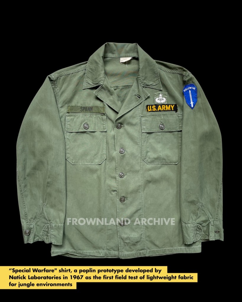 special warfare shirt belonged to Lt. Col. Juan W. Spann, 2 tours in Vietnam with 101st Airborne Divison. Slide no 3 is him when in Operation Somerset Plain (August 1968). In the early 1960s, Natick Laboratories began developing prototype jungle clothing uniforms for the Special Forces in Southeast Asia. One such example is the two-piece “Special Warfare” uniform. Made from 6oz nylon/cotton poplin, it was used until 1965. You can identify these uniforms by the extra gas-flap and adjustable sleeve gusset on the arms. If the tag’s text is still readable, it will say “SPECIAL.WARFARE”. My example has the contract number “CONT.NO.5186”. According to forum discussions, the term “Special Warfare” refers to conditions outside the normal temperature/climate expected for the US Army. This uniform was not a private purchase like FOTL (Fruit of the Loom) nor privately tailored like Maharajah; it was indeed issued to personnel before introducing the 1st pattern jungle jacket. The material is very thin, making these items rare, especially the trousers (information sourced from Shelby Stanton’s book and the USMF forum).