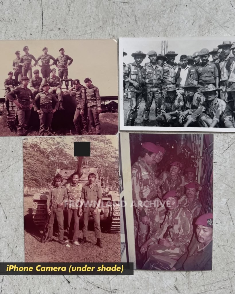 foto arsip militer memotret ulang foto lama menggunakan kamera HP karena lebih instan. Secara keseluruhan (sekilas), foto HP terlihat bagus. Namun, saat di-zoom untuk melihat jenis brevet, tanda pangkat, atau tekstur camoufalge, detailnya langsung pecah dan kabur.