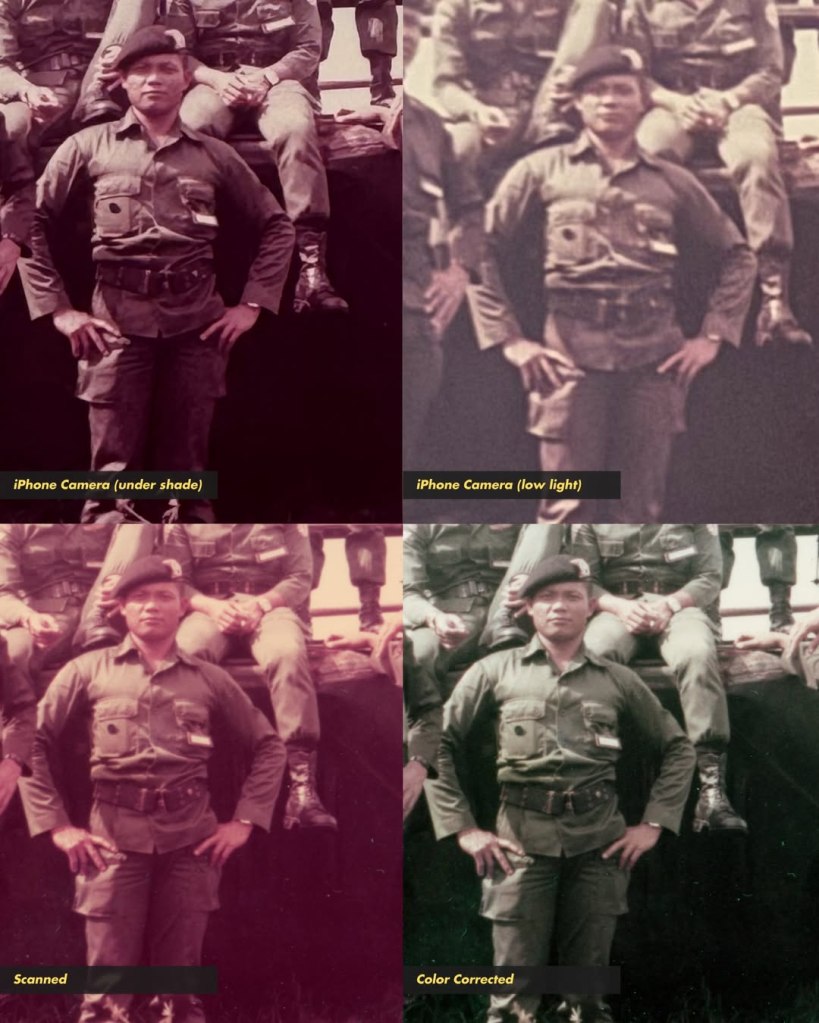 perbandingan hasil scan foto antara iphone camera dan scan foto terus color corrected Tiga metode perbandingan hasil scan foto militer lama.