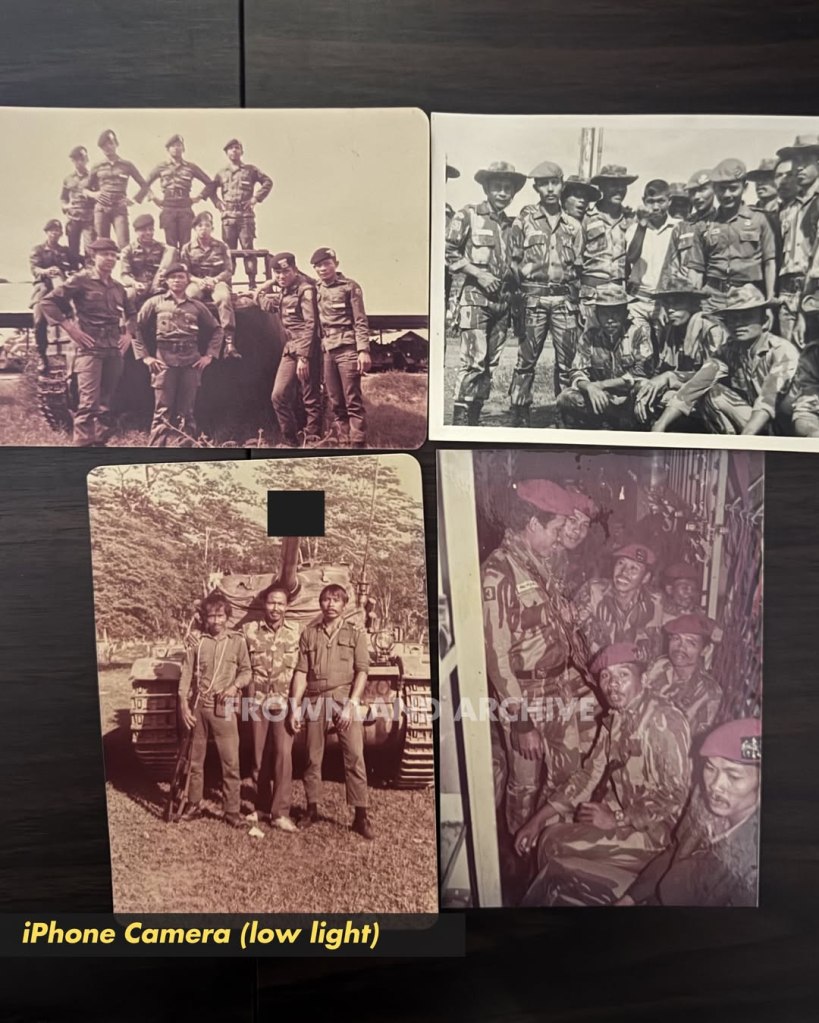 Shot on iPhone foto arsip militer memotret ulang foto lama menggunakan kamera HP karena lebih instan. Secara keseluruhan (sekilas), foto HP terlihat bagus. Namun, saat di-zoom untuk melihat jenis brevet, tanda pangkat, atau tekstur camoufalge, detailnya langsung pecah dan kabur.