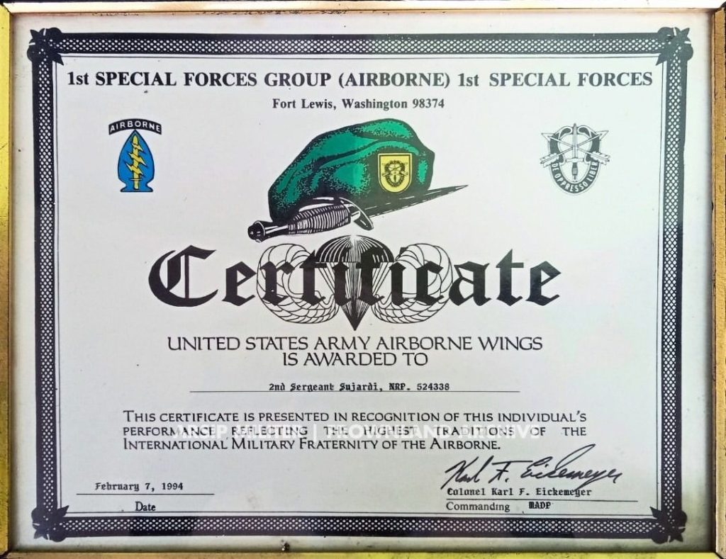 balance iron 94-1, special operations training course conducted by ODA-186, Company B, 3rd Battalion, 1st SFG (A) US Army. Group 3/Pusdikpassus Batujajar Indoneska. certificate dated 19 feb 1994 awarded to Serma (Purn.) Sudjardi of Kopassus (Indonesian Special Forces).