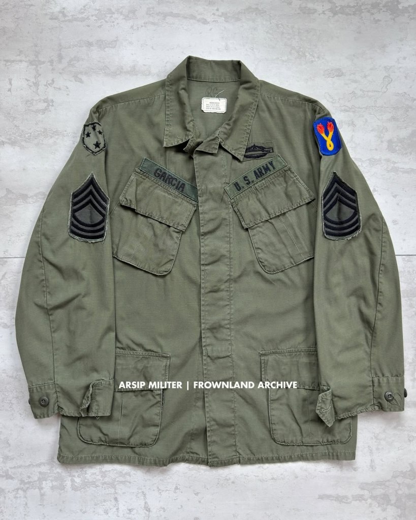 jungle fatigue jacket belonged to MSG (Ret.) Antonio “Tony” Garcia-Velez worn during late war period, circa 71-72. a two war veteran, served with company M, 65th Infantry during Korean War and Company B 1/46 Infantry, 196th LIB in Vietnam. all original patched with 2nd award CIB. the 196th period pictures courtesy of Jim Comer.