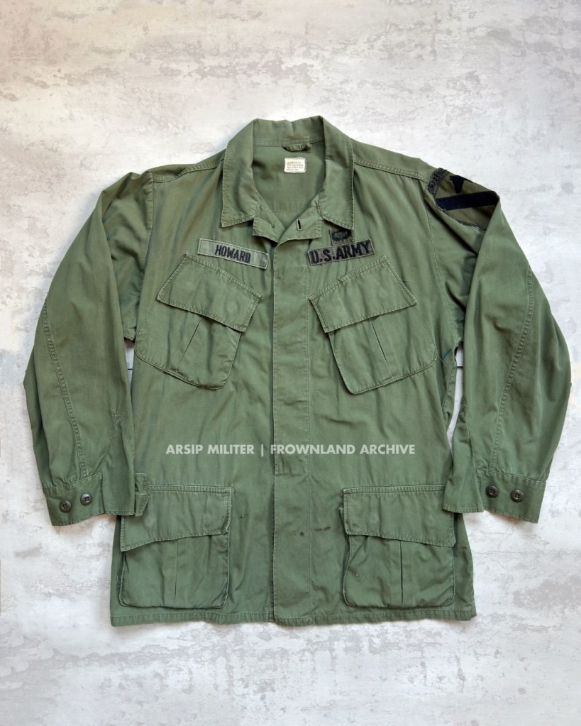 Jungle jacket belonged to Howard of the 1st Brigade, 1st Cav. Div. (Airmobile).

The 1st Brigade consisted of three battalions: 1/8 Cavalry, 2/8 Cavalry, and 1/12 Cavalry. Although these units eventually lost their airborne status, some personnel continued to wear AIRBORNE tabs and jump wings, reflecting the brigade’s airborne heritage.

Also included are two period photographs showing the personnel still wearing the AIRBORNE tab. DSA 100-67-C-3153