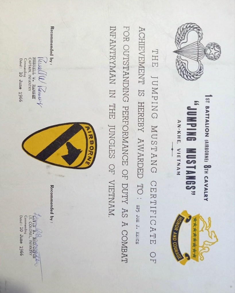 Jungle jacket belonged to Howard of the 1st Brigade, 1st Cav. Div. (Airmobile). The 1st Brigade consisted of three battalions: 1/8 Cavalry, 2/8 Cavalry, and 1/12 Cavalry. Although these units eventually lost their airborne status, some personnel continued to wear AIRBORNE tabs and jump wings, reflecting the brigade’s airborne heritage. Also included are two period photographs showing the personnel still wearing the AIRBORNE tab. DSA 100-67-C-3153