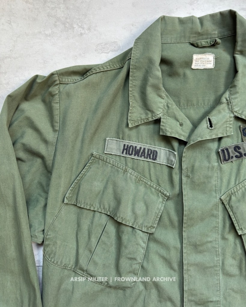 Jungle jacket belonged to Howard of the 1st Brigade, 1st Cav. Div. (Airmobile). The 1st Brigade consisted of three battalions: 1/8 Cavalry, 2/8 Cavalry, and 1/12 Cavalry. Although these units eventually lost their airborne status, some personnel continued to wear AIRBORNE tabs and jump wings, reflecting the brigade’s airborne heritage. Also included are two period photographs showing the personnel still wearing the AIRBORNE tab. DSA 100-67-C-3153